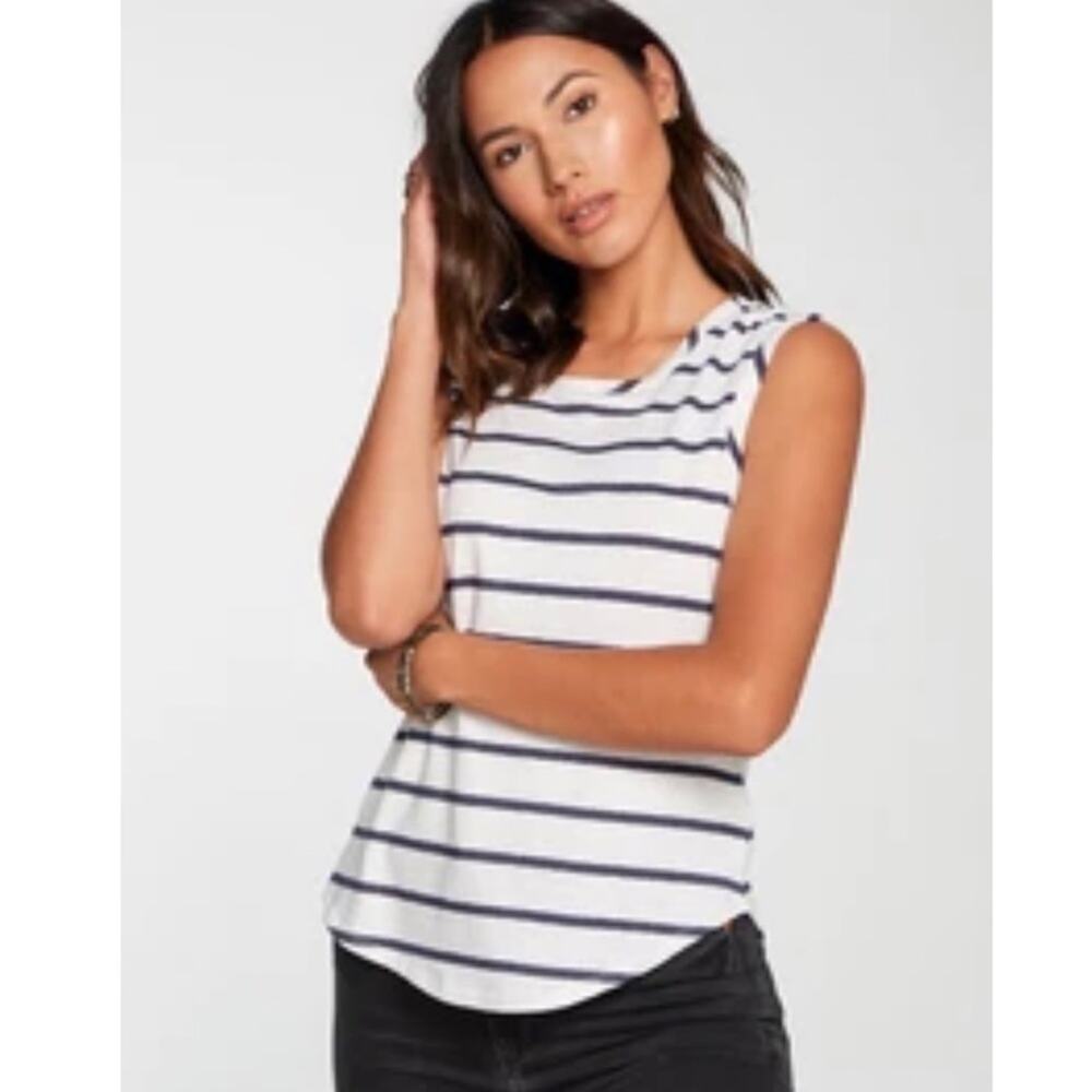 NWT‎ CHASER Linen Jersey Shirred Shoulder Stripe Tank Sz. M Medium Casual Top